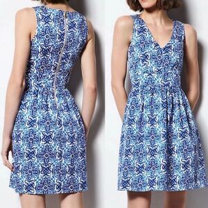 Milly Fit & Flare Blue White Geo Floral Pt Sleeveless Dress Vacation Resort 12